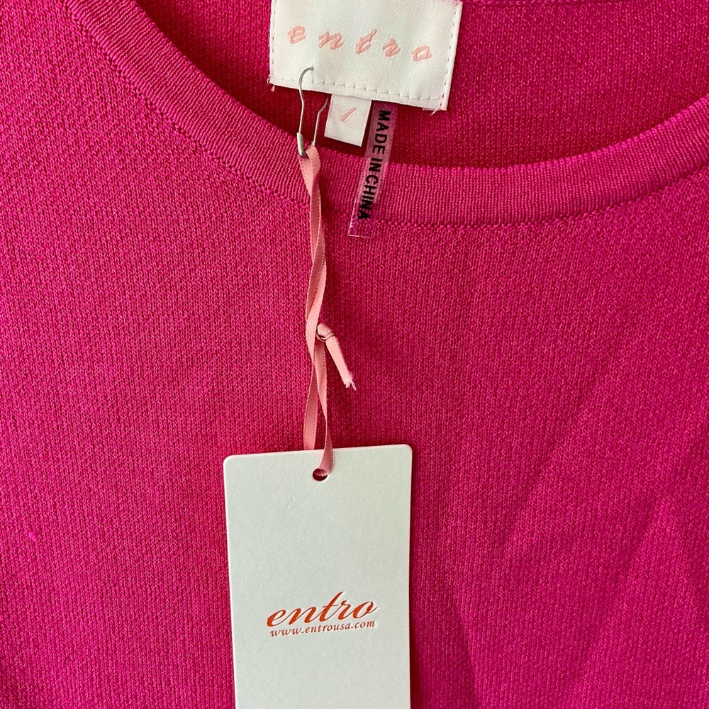 NEW Entro Hot Pink Puff Sleeve Peplum Bottom Shirt Top Sz L Sheer Floral Sleeves - Picture 3 of 5